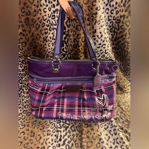 Pink and purple plaid, poppy coach shoulder bag